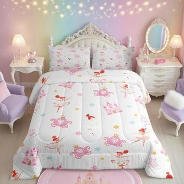 Imagem de Conjunto de cama solteiro para meninas e meninas, castelo de flores, carruagem de abóbora, princesa, conto de fadas, para meninos e adolescentes, decoração de quarto branco e rosa para todas as