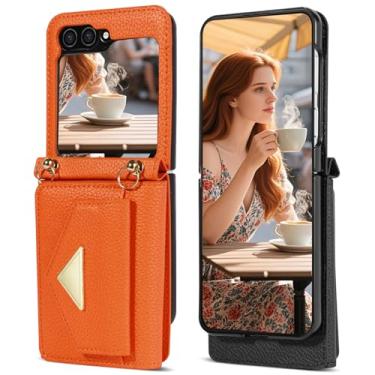 Imagem de Kruysozz Capa tipo carteira transversal para Galaxy Z Flip 6 e Z Flip 5, bolsa de transporte de couro com fecho magnético, porta-cartões, capa feminina para celular para Samsung Flip6 e Flip5 (laranja