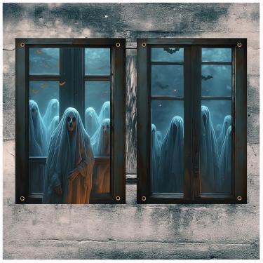 Imagem de Sivlnian 2 peças de decorações assustadoras de janela sangrenta de Halloween, silhueta de janela de sangue de cortinas fantasmas, pôster temático de terror de Halloween para decoração de porta de