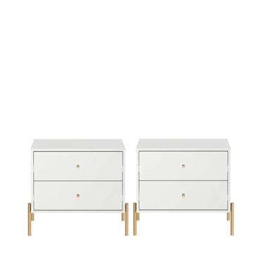 Imagem de Kit 2 Mesas de Cabeceira com 2 Gavetas Jasper 64 cm - Branco c/Dourado