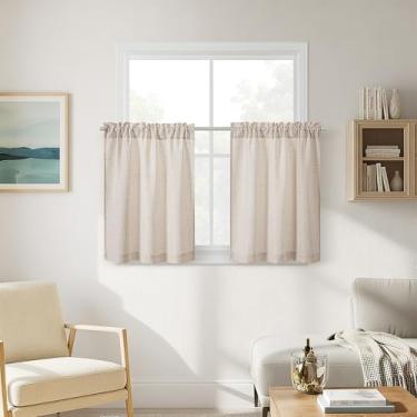 Imagem de Cortinas curtas de linho, 76 cm de comprimento, 2 painéis para meia janela de café, cozinha, café, bege, semitransparente, filtro de luz, varão, bolso, cortinas, boho, casa de fazenda, tratamentos de