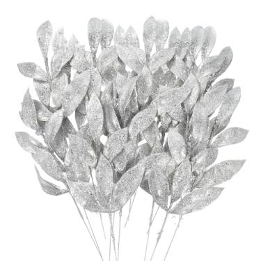 Imagem de MWOOT 16 peças de folhas artificiais de Natal com glitter, palhetas de folhas de Natal com glitter prateado para centros de mesa, enfeites de árvore de Natal para vaso de guirlanda, guirlanda de
