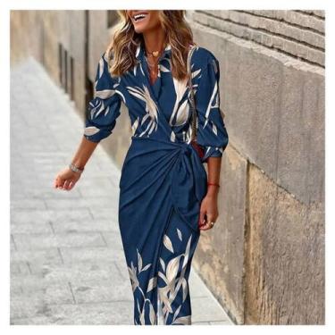 Imagem de Vestido feminino com estampa de lapela longa para festa azul escuro ta