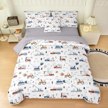 Imagem de Jogo de cama casal de 6 peças, desenho animado de caminhão, carros, escavadeira, trator, para meninos e crianças, cama de microfibra macia em uma bolsa com edredom e fronhas