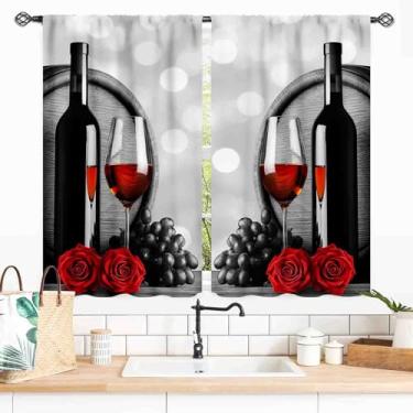 Imagem de TKUYO Cortinas de cozinha de vinho tinto, rústica, romântica, rosa, floral, estilo country, fazenda, uva, taça de vinho, retrô, vintage, blackout para janela para sala de jantar, quarto, sala de estar