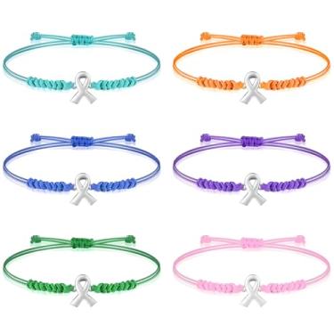 Imagem de 6 pulseiras coloridas de conscientização sobre HIV/AIDS para mulheres, câncer de sangue, doenças cardíacas, tuberculose, cordão ajustável, presente de conscientização da saúde do coração, 7.0 Inches
