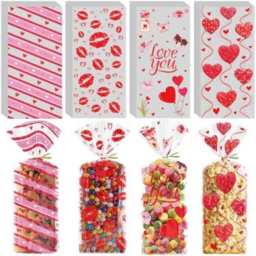 Imagem de Sacos de presente de dia dos namorados – 120 peças de doces de celofane com beijo de coração para crianças | Cesta de presente para lembrancinhas de festa de aniversário de dia dos namorados decoração