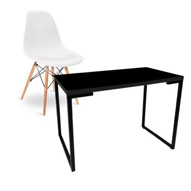 Imagem de Kit Mesa Para Computador Escrivaninha Porto Preto 120 cm e Cadeira Eiffel Charles Eames Branco D'Rossi