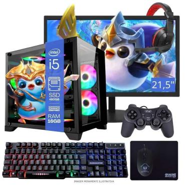 Imagem de Computador PC Gamer Completo TOB Intel Core i5 SSD 480GB 16GB Windows 10 Pro Trial + Teclado e Mouse + Mouse Pad + Headset +Joystick + Monitor 21.5”