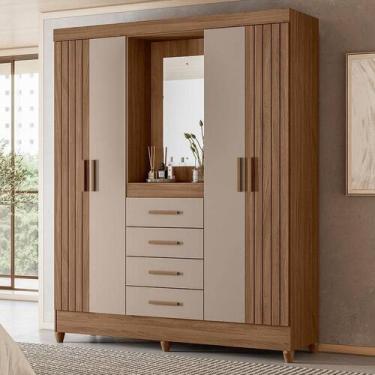 Imagem de Guarda Roupa Solteiro Ambiente Atenas com Espelho 4 Portas Carvalho Fe