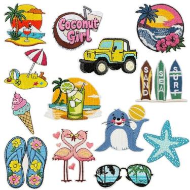 Imagem de Remendos de verão para roupas - 13 pacotes com tema de praia de verão costurados em adesivos havaianos coco óculos de sol pôr do sol flamingo bordado apliques reparo patch DIY artesanato para chapéu