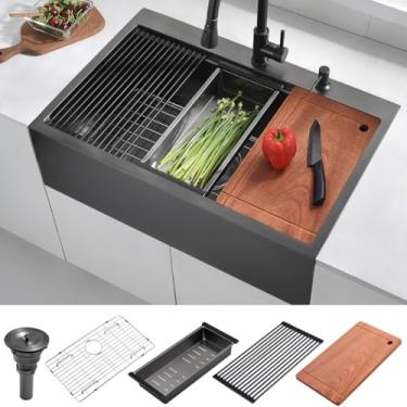 Imagem de LH010SQ LH010SQ 33 Gunmetal preto Drop In Kitchen Farmhouse Pia, calibre 16, calibre 16, 33 x 22, aço inoxidável, preto, montagem superior, pia de cozinha de fazenda com avental frontal LH010SQ