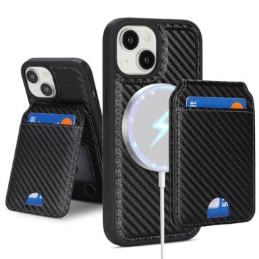 Imagem de Havaya Capa carteira magnética para iPhone 15 - Capa removível de fibra de carbono 2 em 1 compatível com MagSafe, com suporte para cartão e suporte - preta