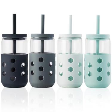 Imagem de Mrsdry Copos de vidro com tampas e canudos de silicone (4 peças), conjunto de copos de 473 ml com mangas de silicone para acessórios de cafeteria, xícaras de café geladas com tampas, copo de vidro