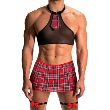 Imagem de FEOYA Conjunto de lingerie masculina Sissy, conjunto de saia/shorts xadrez, fantasia de Natal, Conjunto de saia com 3 peças, G