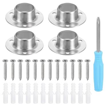 Imagem de Conjunto de 4 peças de suporte de haste de armário de aço inoxidável em forma de O em forma de O 2,3 cm de diâmetro de haste de chuveiro flange suporte de guarda-roupa com chave de fenda e tubo de