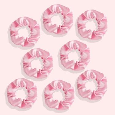 Imagem de Scrunchies de cetim para cabelos grossos femininos, pacote com 8 elásticos elásticos macios sem danos, elásticos elásticos para cabelos cacheados e finos, suportes de rabo de cavalo apertados rosa sem