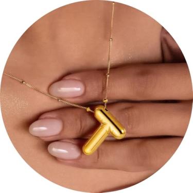 Imagem de Colar feminino com inicial de aço inoxidável banhado a ouro 18K, pingente de letra bolha de A a Z, joia personalizada do alfabeto fofo de A a Z, 18+2in, Aço inoxidável, Sem Pedra Preciosa