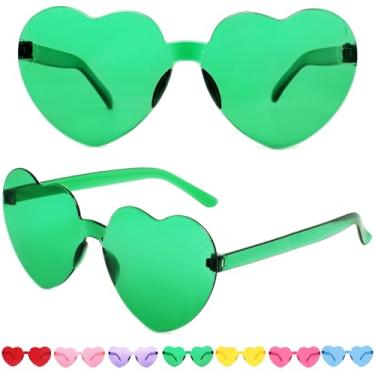 Imagem de ayigu Óculos de sol em forma de coração para mulheres, óculos de sol modernos de coração, sem aro, transparentes, lembrancinhas coloridas de festa rave, (1 pacote) verde