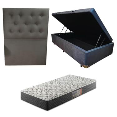 Imagem de Cama Box Baú Blindada com Colchão de Espuma D33 17cm + Cabeceira Botonê (SUEDE CINZA, Solteiro)