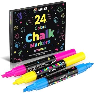 Imagem de 24 marcadores de giz líquido de ponta dupla de cores vibrantes – canetas de giz apagáveis para quadro-negro, placas de quadro-negro, vidro, janelas, menu de bar e shcool, apagáveis a úmido para