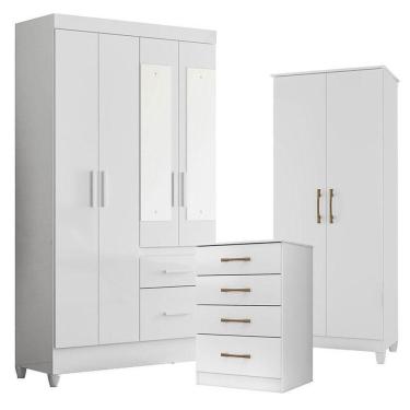 Imagem de Guarda Roupa Com Espelho Infantil Madri Com Cômoda Ms913 E Armário Multiuso Jade Branco Brilho – Moval