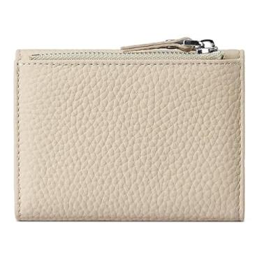 Imagem de Mudono Carteira feminina pequena de couro legítimo, porta-cartão de crédito, bloqueio de RFID, carteira tripla com janela para identidade e bolso com zíper, Bege, S, Minimalista