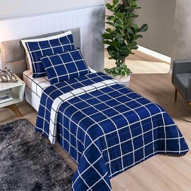 Imagem de Kit Cobre Leito Minimalista Solteiro 02 Peças Micropercal 200 Fios - Azul Marinho Com Branco