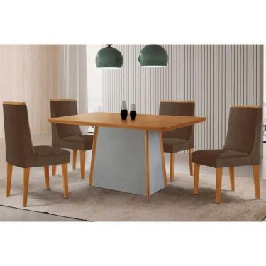 Imagem de Conjunto Sala de Jantar Tilia c/ Tampo Madeirado Canto Curvo 120x80cm e 4 Cadeiras Dakota Madeira Maciça Naturale/Off White - Capuccino/Suede Marrom-R