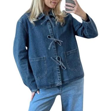 Imagem de Jaqueta jeans feminina COZYPOIN, gravata frontal, leve com bolsos