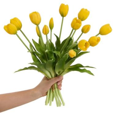 Imagem de Amore Florals 15 peças, tulipas amarelas, flores artificiais, tulipas falsas, buquê de flores falsas de látex de toque real para primavera, casamento, decoração de casa, arranjos de peça central