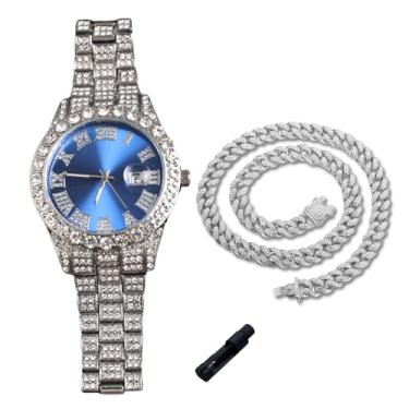 Imagem de genkigold Relógio de diamante dourado para meninos adolescentes - mostrador redondo com algarismos romanos de 42 mm em três cores - pulseira banhada a ouro real 18K de 20 cm - Inclui ferramenta de