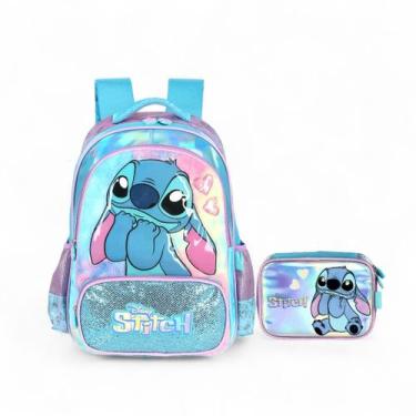 Imagem de Kit Mochila Escolar De Costas Stitch Plush Holográfica - Luxcel, Azul