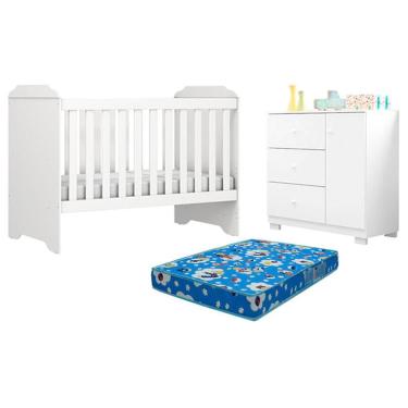 Imagem de Berço Americano Mini Cama Mel e Cômoda Infantil Duda Branco Brilho com Colchão Ortobom – Phoenix Baby