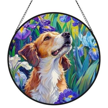 Imagem de Qigfucm Apanhador solar de vidro floral estilo óleo de 19 cm, lindos designs de animais de jardim, vitrais florais coloridos, decoração para pendurar na janela de inauguração de casa (Cão Beagle)