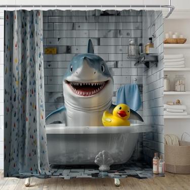 Imagem de Cortina de chuveiro de tubarão desenho animado animal oceano na banheira borracha pato vida marinha conjunto de cortina de banheiro infantil com ganchos