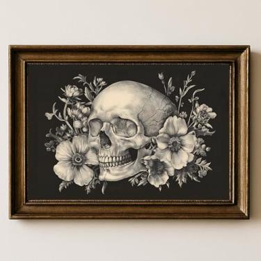 Imagem de Arte de parede crânio preto e branco Dark Academia Impressões florais Moody Victorian Wall Art Botânico Gótico Halloween Pictures Moody Floral Pintura Vintage Caveira Pôsteres Esqueleto Arte 40 x 61