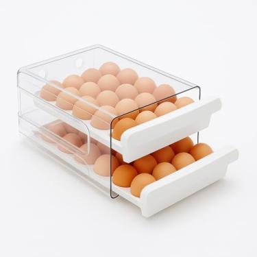 Imagem de Organizador de Ovos para Geladeira, Recipiente Empilhável com 2 Gavetas, Plástico Transparente e Branco, Capacidade para 30 Ovos