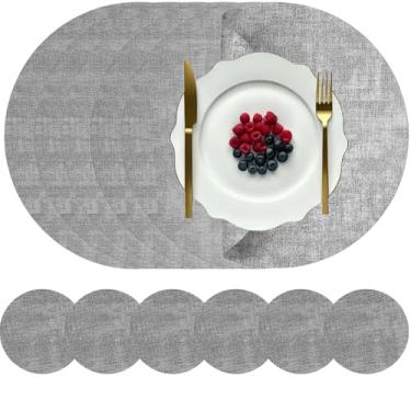 Imagem de QSYZAIL Conjunto de 6 jogos americanos redondos, tapetes de mesa de vinil de couro sintético laváveis com porta-copos para cozinha e festa ao ar livre