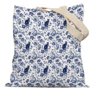 Imagem de APJYM Sacola azul e branca para gatos chinoiserie, presente de senhora mãe e avó para mulheres, sacolas de compras de supermercado reutilizáveis para gatinho floral azul vintage