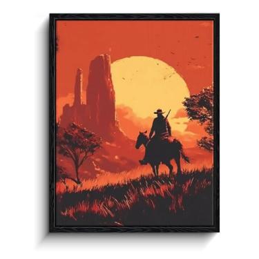 Imagem de Arte de parede de cowboy ocidental, silhueta de cavaleiro do sol, decoração de parede Rd2 Red Dead Redemption2, impressão em tela emoldurada em papel laminado, arte de pôster de caubói, para presente