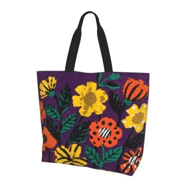Imagem de OLUSENMO Bolsa de ombro grande, durável, reutilizável, ecológica, leve, elegante para uso diário 40 x 40 x 15 cm, Flores caprichosas roxas, Large