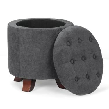 Imagem de Athena Collection Otomano pequeno de 38 cm com armazenamento, descanso de pés redondo de tecido de linho com tampa removível, apoio para os pés multiuso para sala de estar, quarto, dormitório, cinza
