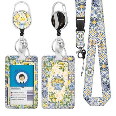 Imagem de Cordões de limão para crachá de identificação, suporte de cartão de identificação com clipe retrátil e chaveiro, capa protetora de crachá de identidade vertical resistente para estudantes, professores
