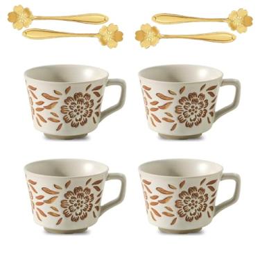 Imagem de JIGVOE Conjunto de 4 canecas de café de cerâmica inovadoras, copo de grés com padrão de dente-de-leão de 340 g, copo de cappuccino com colher de flores, seguro para micro-ondas e lava-louças, xícaras