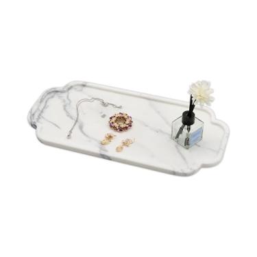 Imagem de Marmor Bandeja de banheiro de mármore natural real para perfume, velas, vaidade de pedra de joias, organizador de balcão de banheiro e cozinha e decoração de casa (Statuario White (40 x 19 x 2,5 cm)