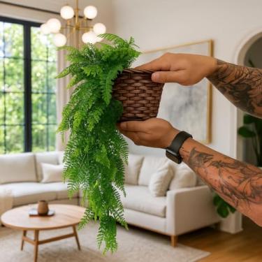 Imagem de Kit Planta Decorativa: Vaso Trançado Marrom + Samambaia Pendente Artificial 60cm para Decoração(3 Pote 14 + 3 Pend Sam)