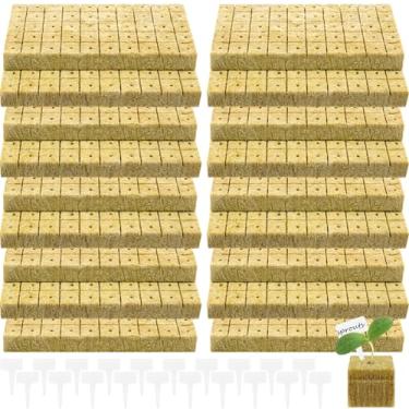 Imagem de 900 peças de cubos de lã de rocha de 2,5 cm para hidroponia, cubos de plantio de lã de rocha de jardim com 20 etiquetas de nome de plantas, plugues de iniciante de sementes para cultivo sem solo