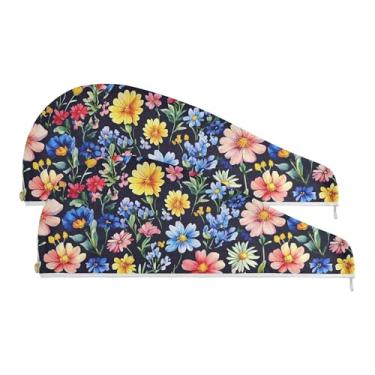 Imagem de SEHANY Toalha de cabelo de microfibra de flores coloridas elegantes para mulheres, 2 peças, turbantes de cabelo de secagem rápida com botão, touca de cabelo seco absorvente toalha de secagem de cabelo