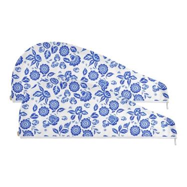 Imagem de SEHANY Bohemia Toalha de cabelo de microfibra flor azul para mulheres 2 peças turbantes de cabelo de secagem rápida com botão, touca de cabelo seco absorvente toalha de secagem de cabelo para cabelos